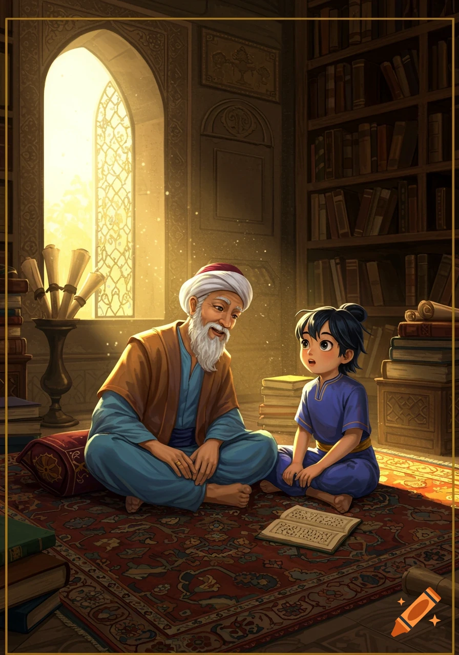An old man with a white beard and a young boy sit cross-legged on a patterned rug in a sunlit room filled with bookshelves, reading a book. Illustration style.