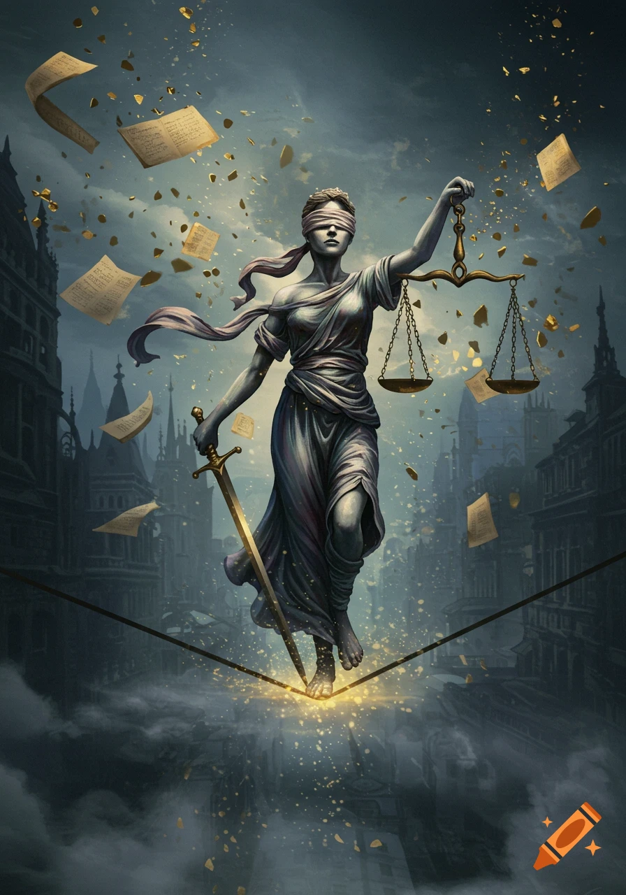 A blindfolded Lady Justice balances on a tightrope above a dark city, holding scales and a sword, surrounded by flying papers and gold.