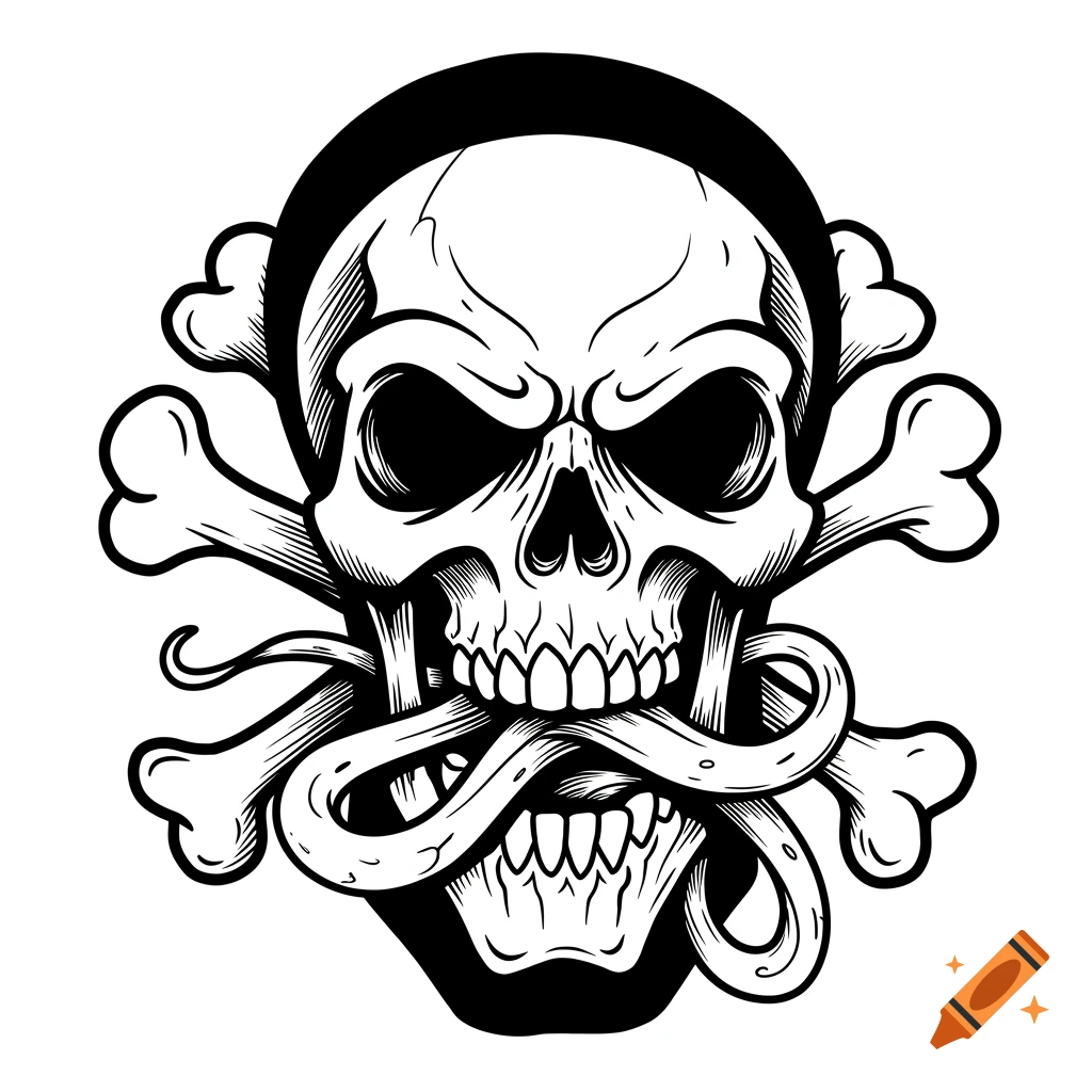 Black and white line drawing of a skull with crossbones behind it, and a long, wavy tongue protruding from its mouth.