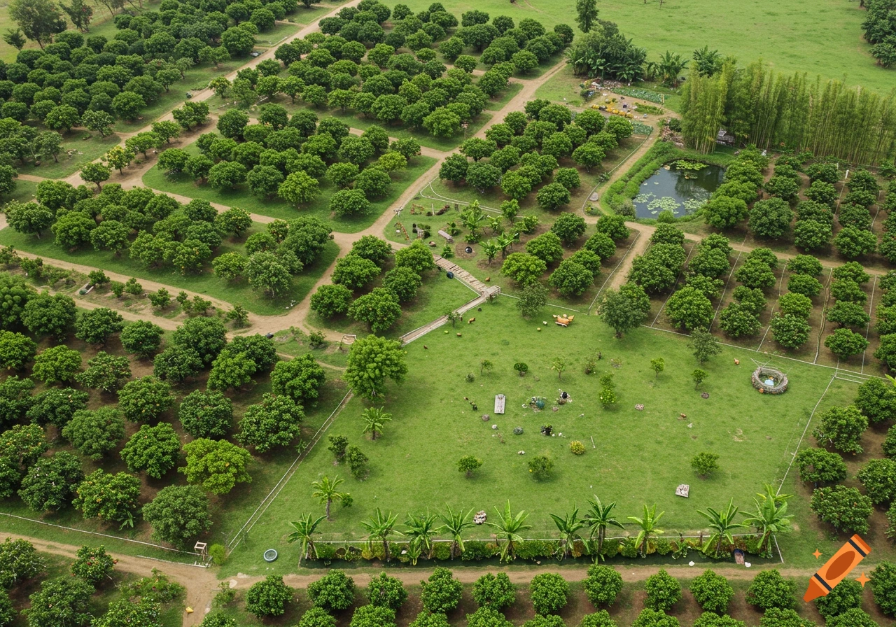 An aerial view of a vibrant green orchard or farm, featuring rows of fruit trees, winding dirt paths, a small pond with lily pads, and a cleared grassy area in the center. Small structures and design elements are visible throughout the cultivated landscape.