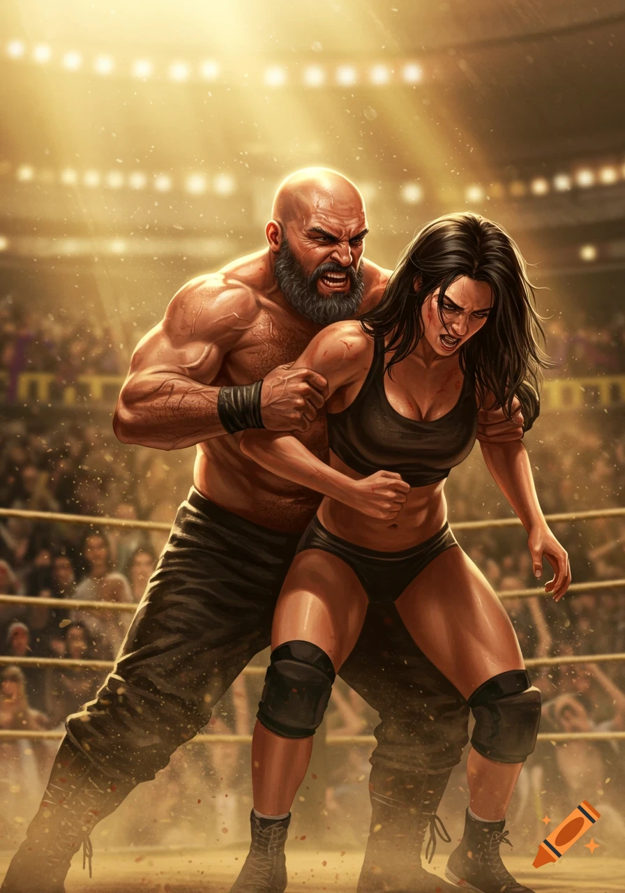 An illustration of a bald, bearded man grappling a brunette woman in a wrestling ring under bright spotlights.
