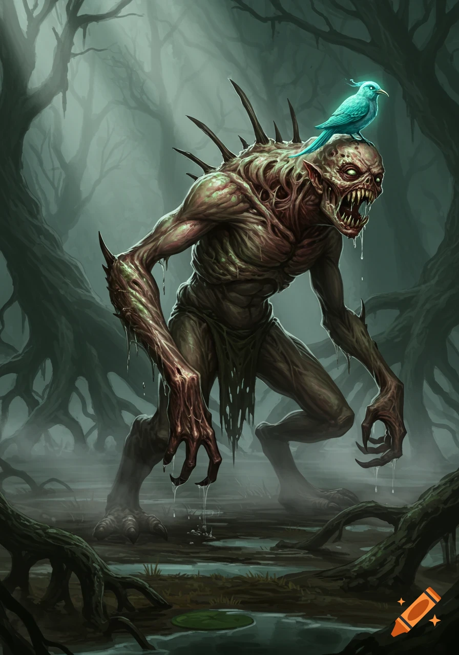 A grotesque monster with exposed flesh and spikes, standing in a swamp with a bright blue bird on its head.