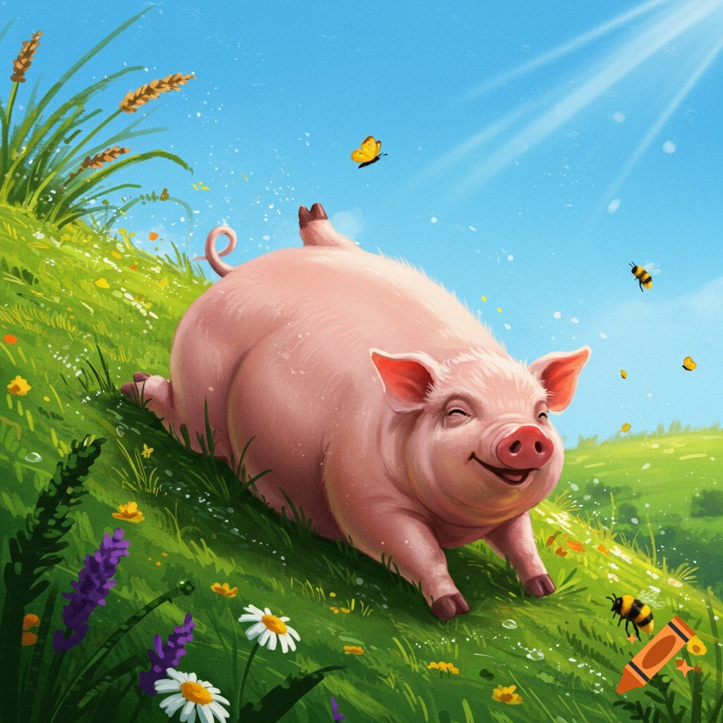 A happy cartoon pig rolls down a grassy green hill under a blue sky, surrounded by flowers, a butterfly, and bees.