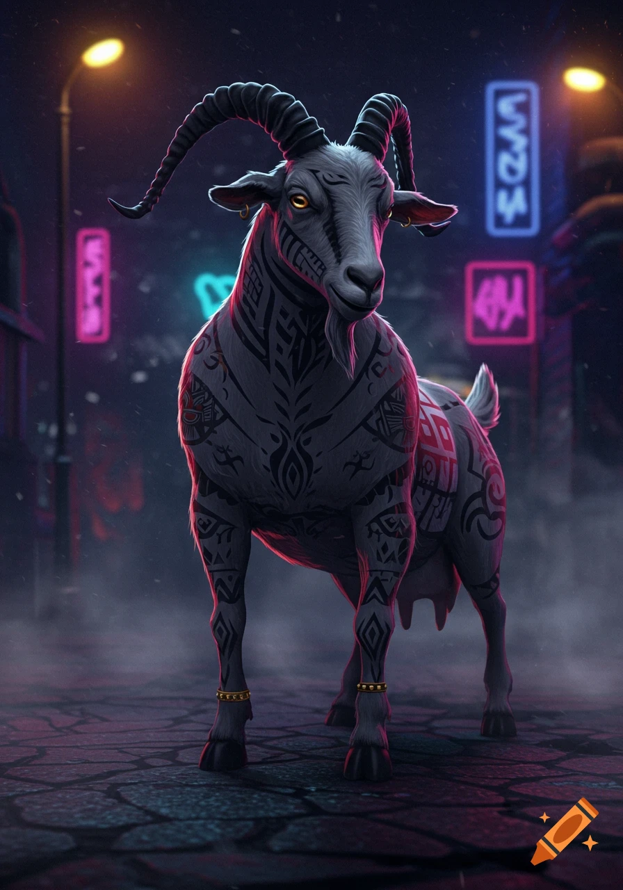 A stylized grey goat with black tribal tattoos and golden ankle rings stands on a cobblestone street at night with neon signs in the background.