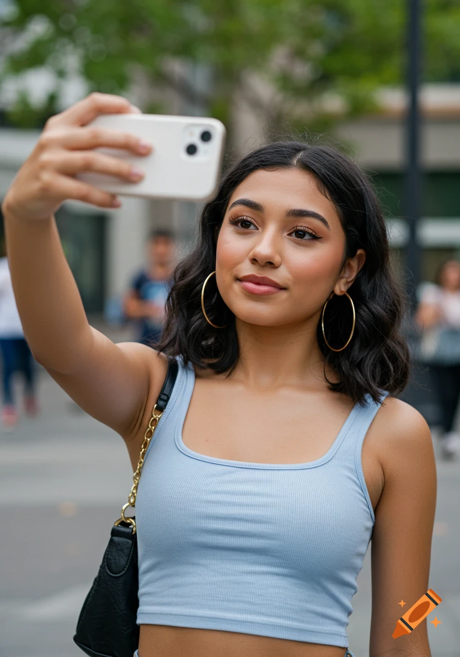 A young woman in a light blue crop top and hoop earrings takes a selfie outdoors.