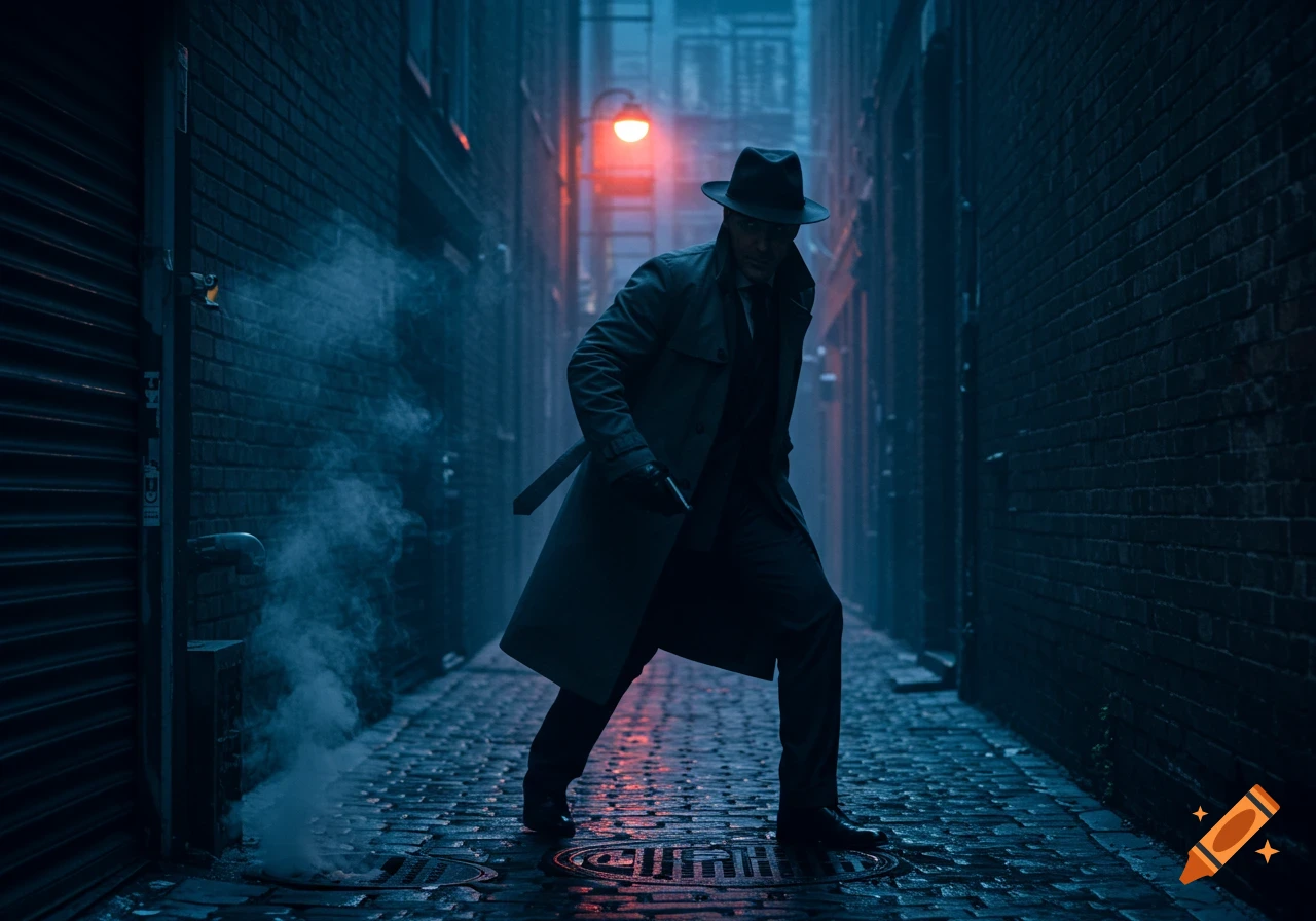 A man in a trench coat and fedora stands in a dark, atmospheric alley with cobblestone ground, illuminated by a red light.