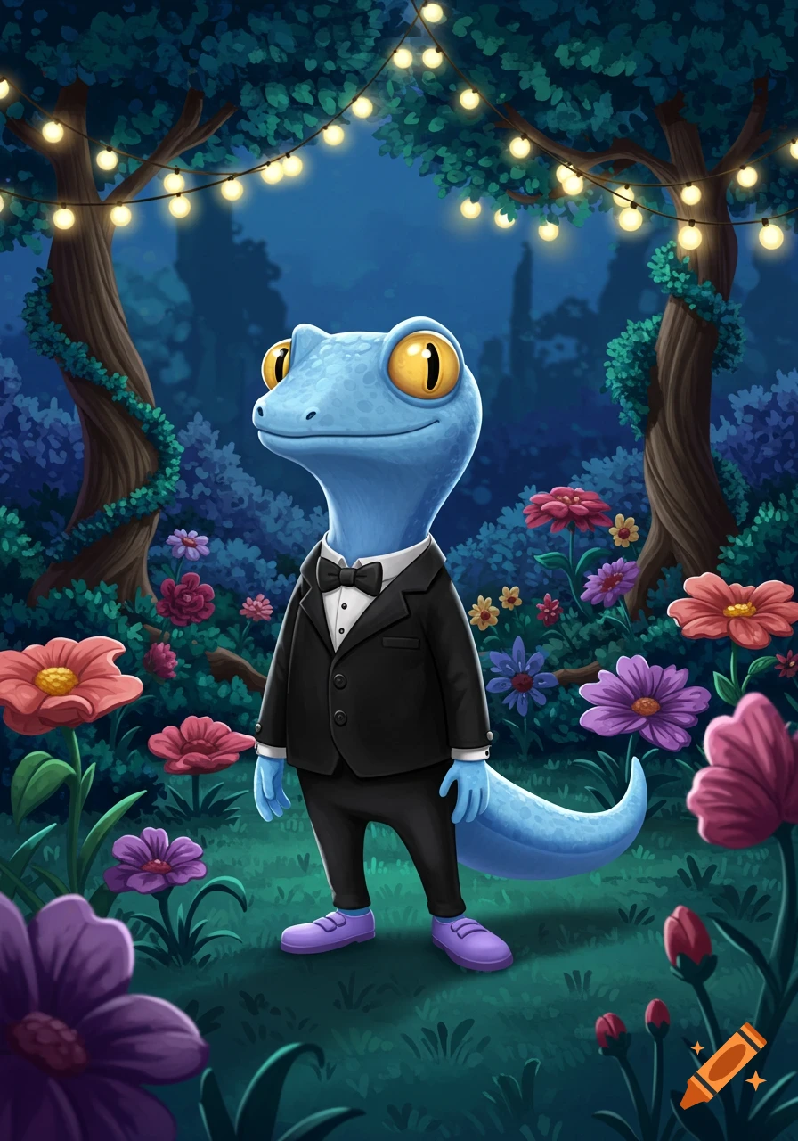 A happy light blue cartoon lizard wearing a black tuxedo and lavender shoes stands in a whimsical forest with glowing string lights and colorful flowers.