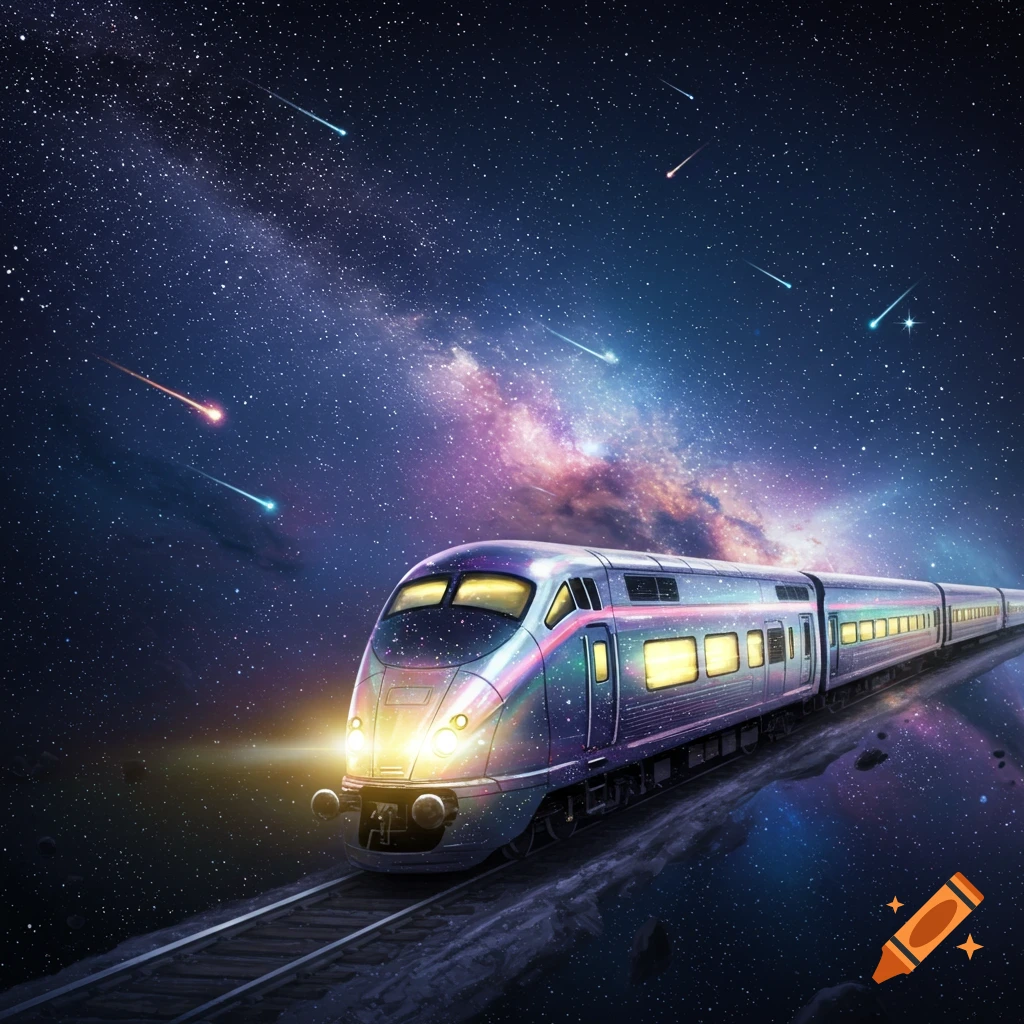 A futuristic iridescent train travels along tracks through a vibrant starry galaxy with colorful meteor showers.
