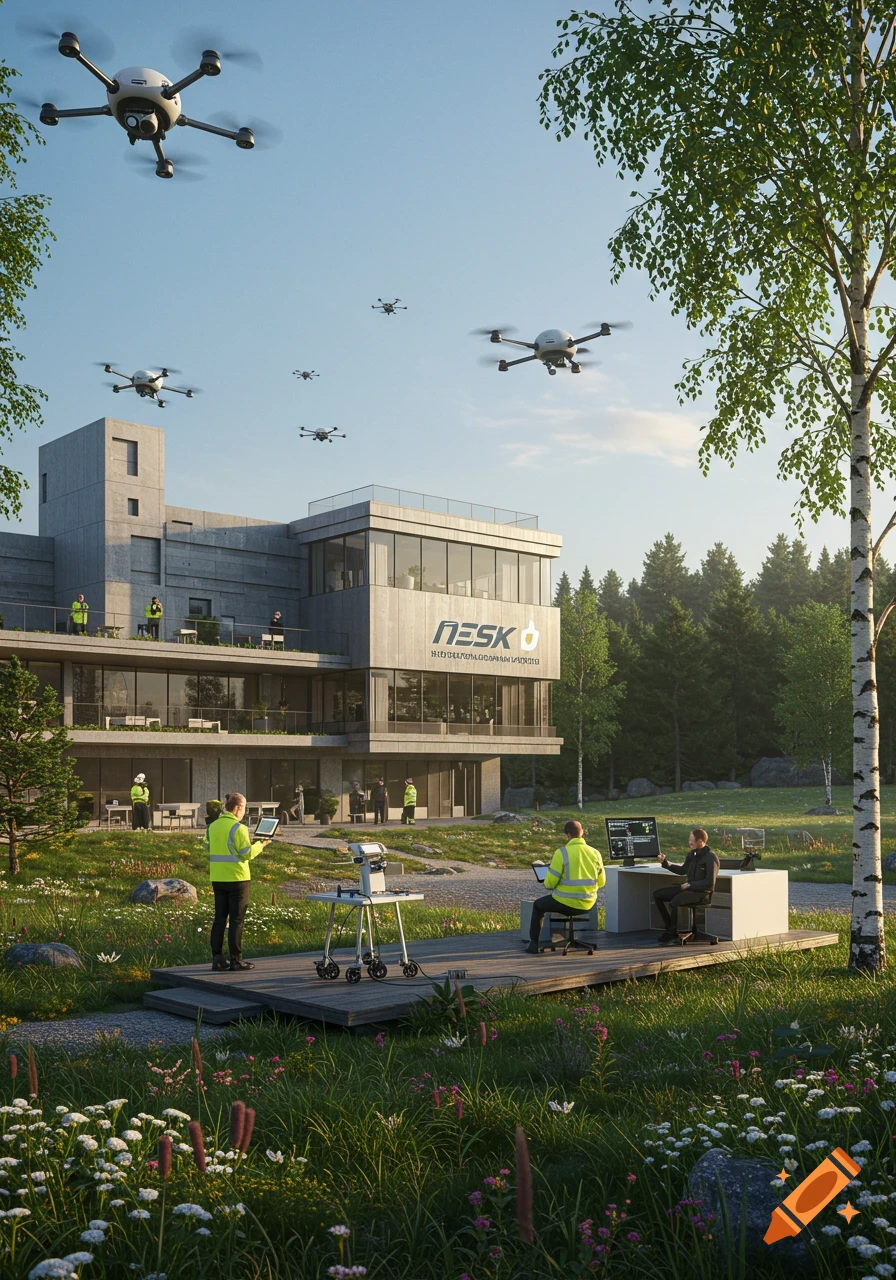 A modern building with multiple drones flying above and people in safety vests working outdoors with technology.
