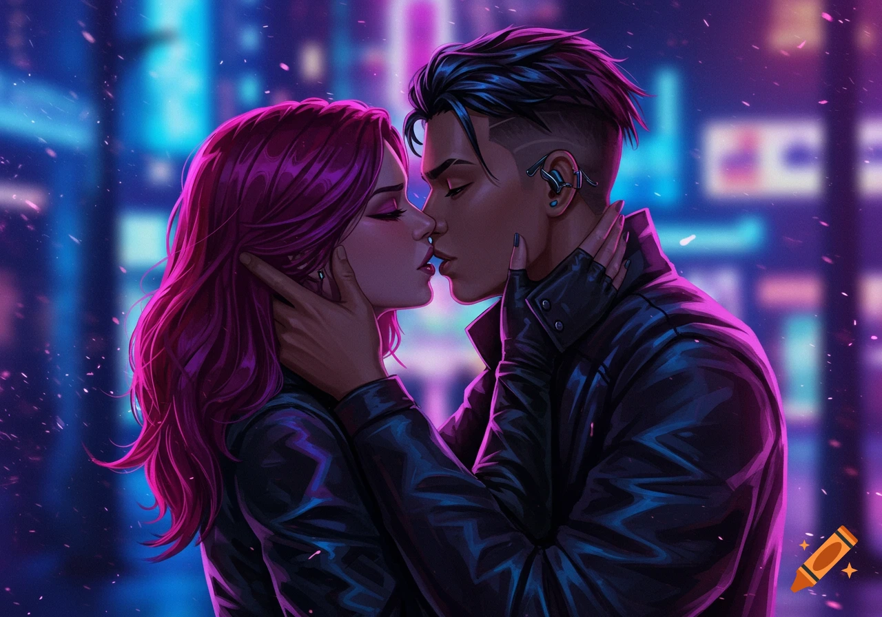 An anime couple with pink hair and dark hair kissing under blue and pink neon lights in a futuristic city.