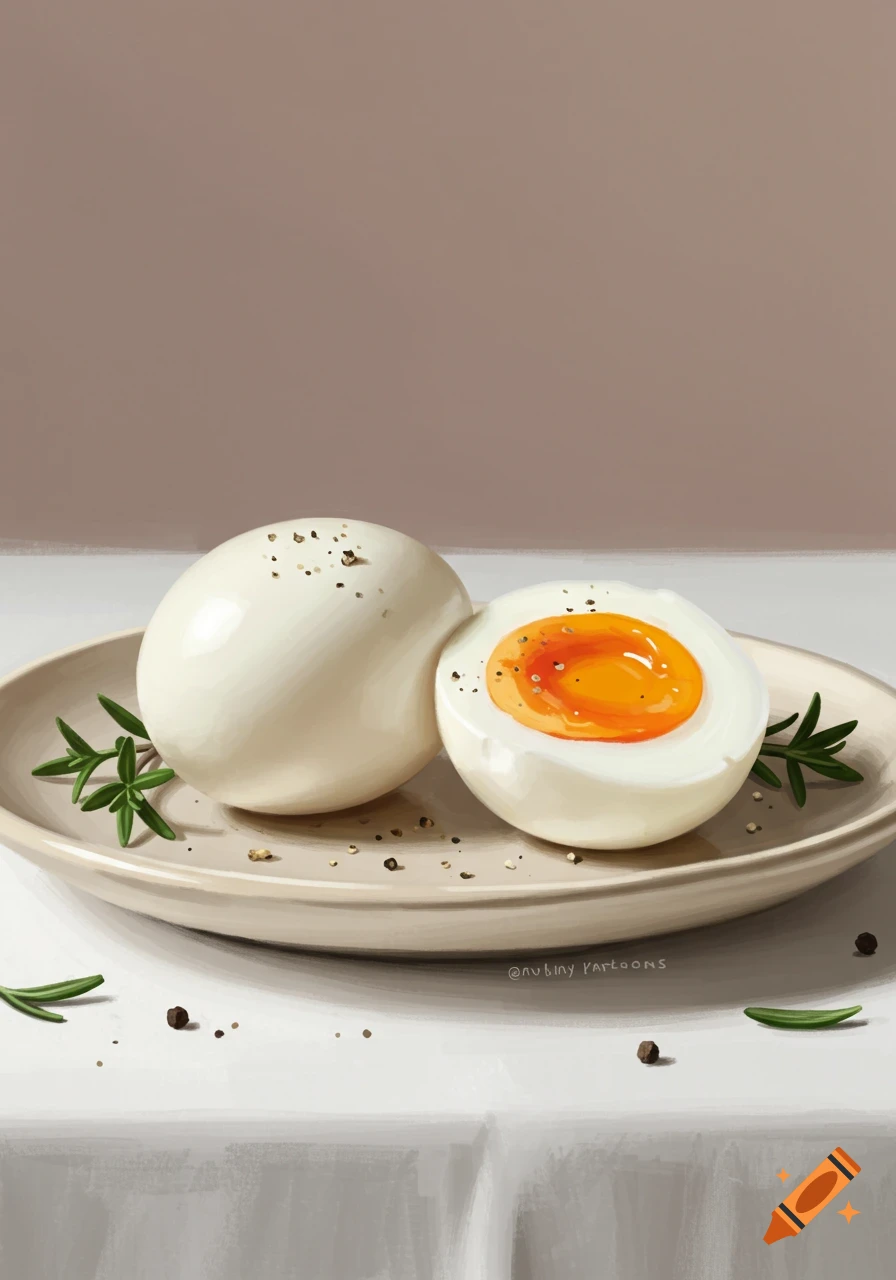 Two stylized boiled eggs, one whole and one halved with a bright orange yolk, on a plate with rosemary and pepper.