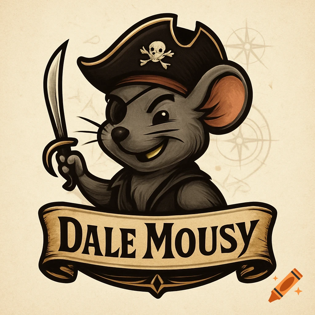 A cartoon logo of a gray mouse dressed as a pirate, wearing an eyepatch and a hat with a skull and crossbones, holding a sword, with "DALE MOUSY" on a banner below.