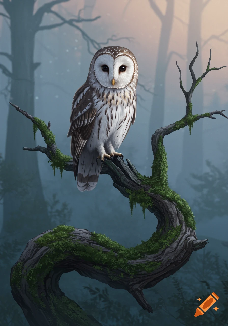 A realistic owl with white and brown feathers perched on a mossy, gnarled branch in a misty forest at twilight.