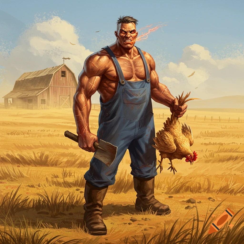 An angry, muscular farmer in overalls holds a cleaver and a dead chicken in a golden field with a barn, in an illustration.