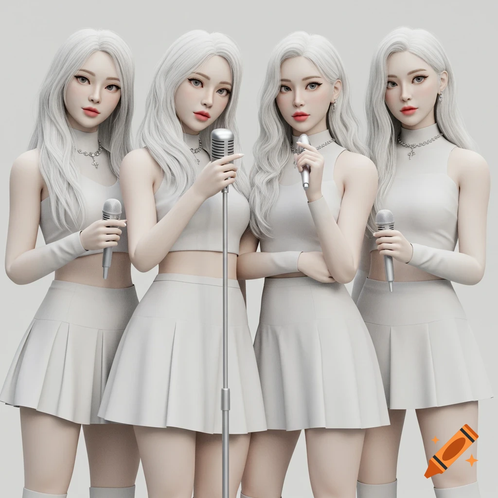 A 3D render of four K-pop girl group members with white hair, wearing white outfits and holding microphones.
