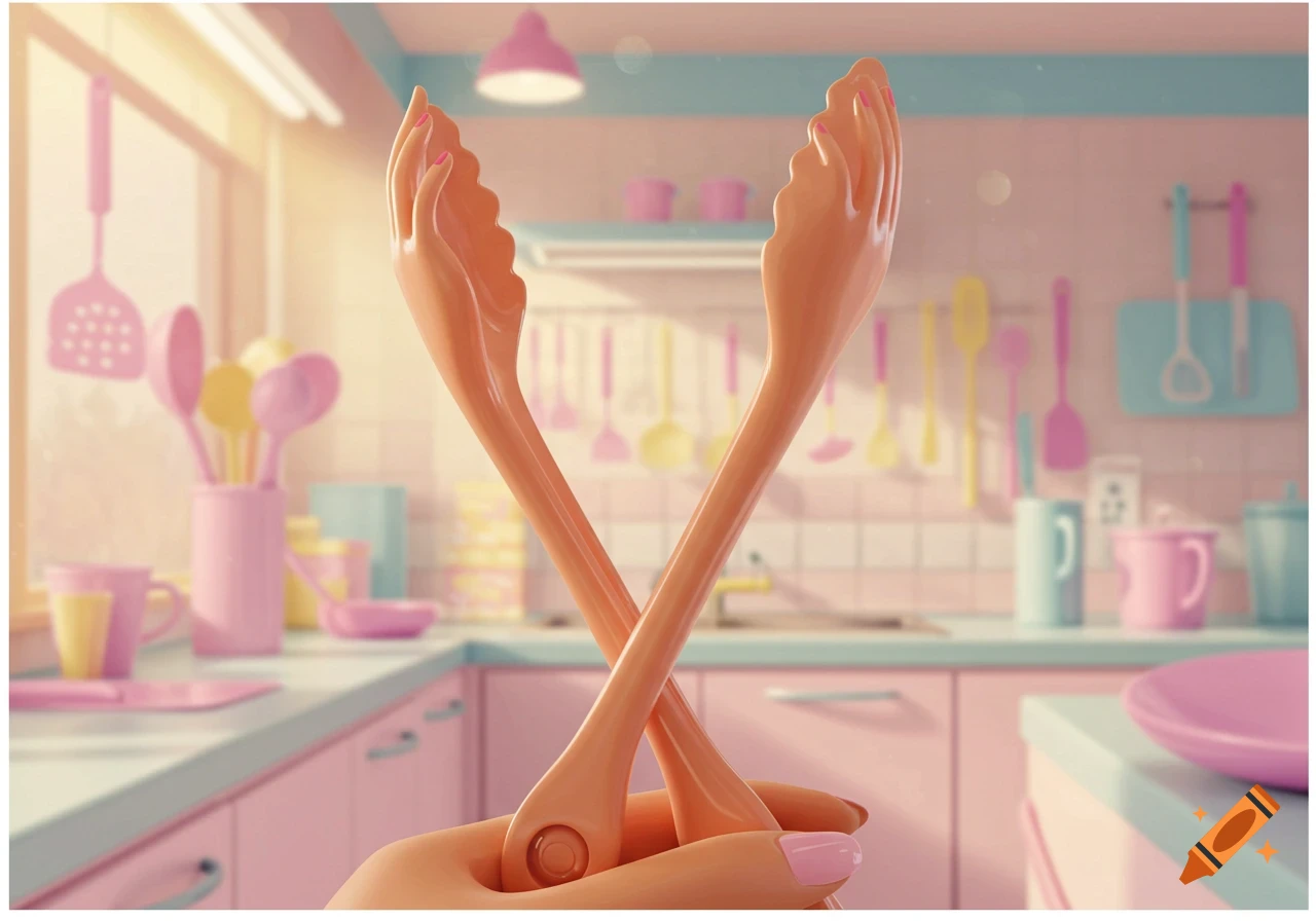 Close-up of a hand holding large, peach-colored tongs shaped like Barbie doll arms, in a pastel pink and blue kitchen.
