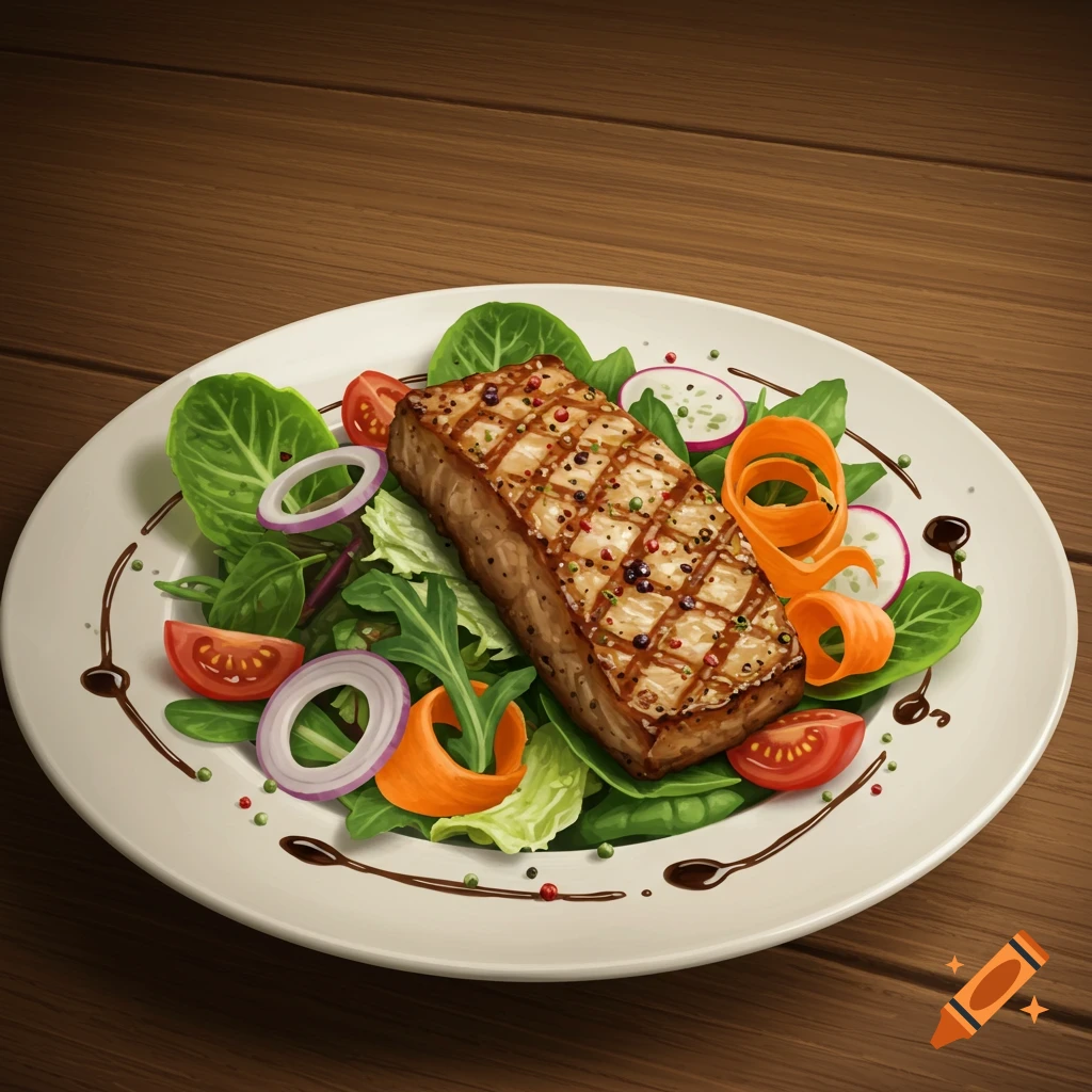 Grilled meat steak on a white plate with fresh green salad, sliced vegetables, and sauce on a wooden table. Photorealistic.