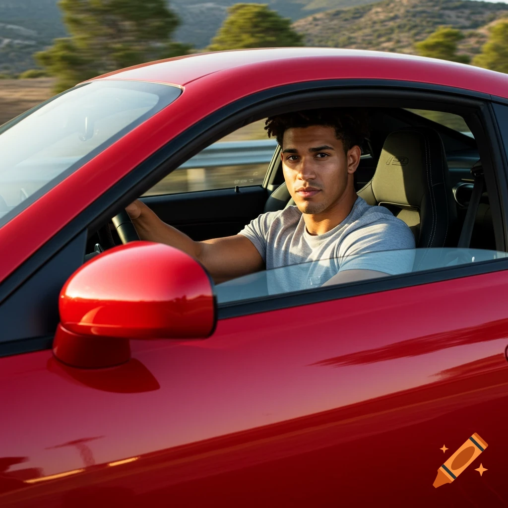 A man with short dark hair in a gray t-shirt drives a red sports car on a sunny road, looking directly at the viewer.