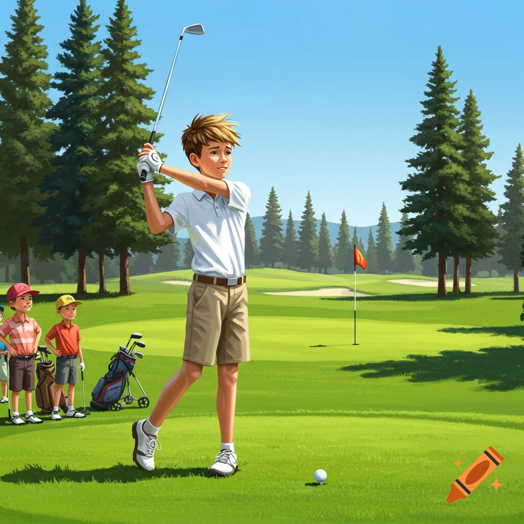A young boy in a white polo shirt and khaki shorts swings a golf club on a sunny green golf course, with other children observing.