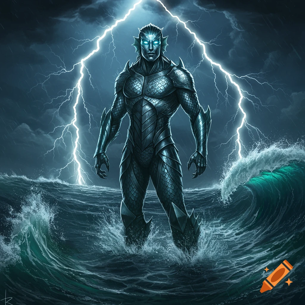 An armored blue-skinned humanoid creature with glowing eyes stands in stormy ocean waves under a lightning strike.