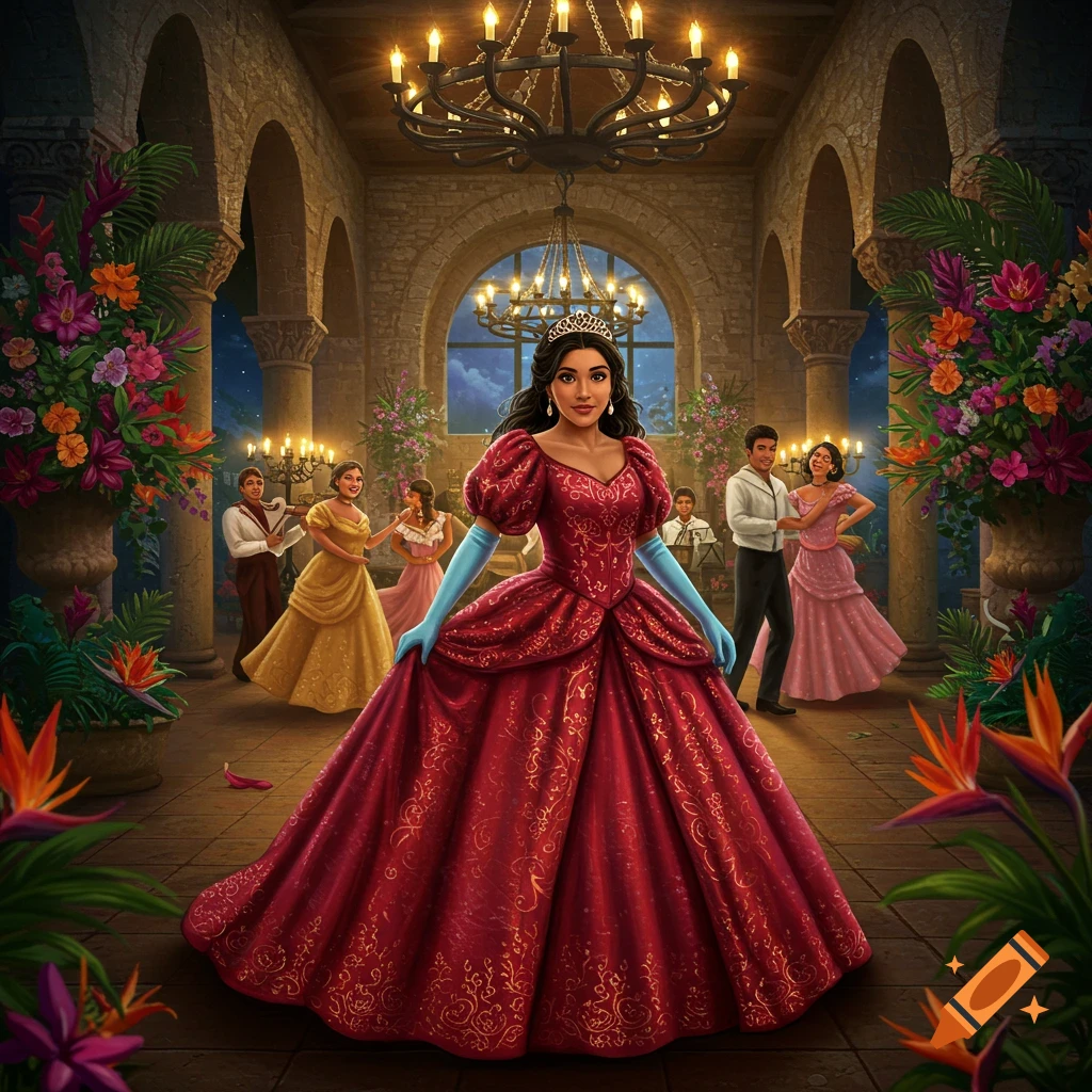 A woman in a vibrant red ball gown, tiara, and blue gloves stands in a grand, ornate hall with other dancers.