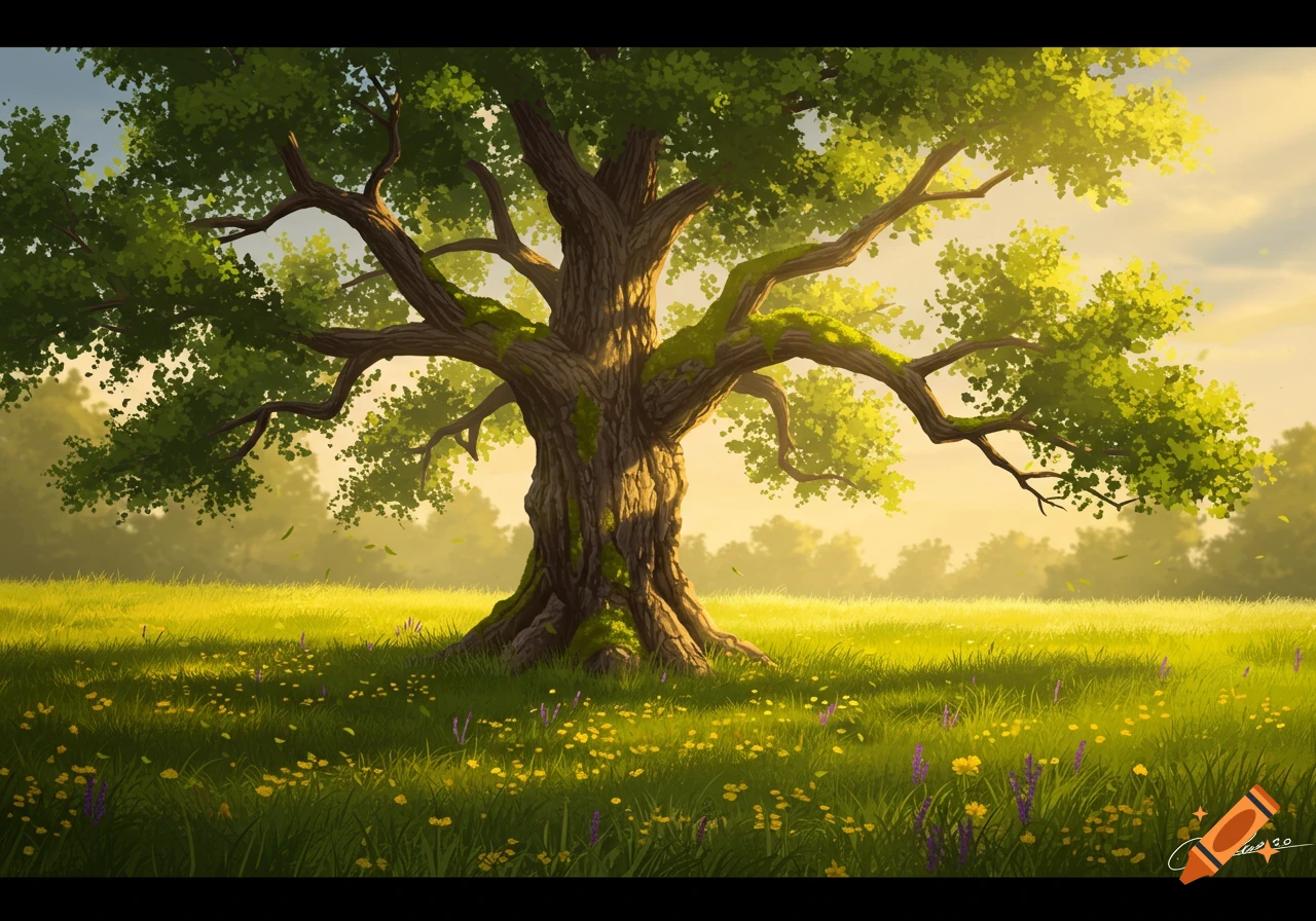 A vibrant illustration of a majestic old tree with green leaves in a sunny meadow filled with yellow and purple flowers.