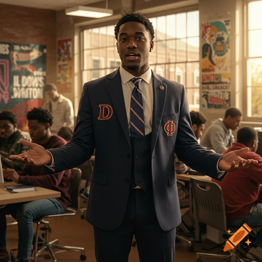 A young Black man in a dark suit with a tie and fraternity pins stands in a classroom with outstretched hands, facing the viewer. Other students are blurred in the background.