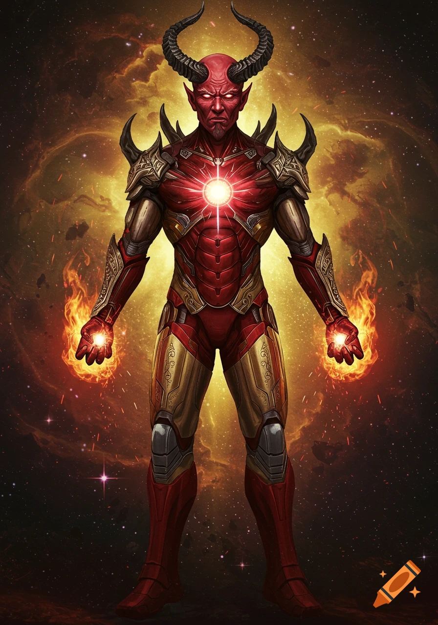 A red-skinned, horned demon in Iron Man armor with a glowing chest and fiery hands stands against a cosmic backdrop.