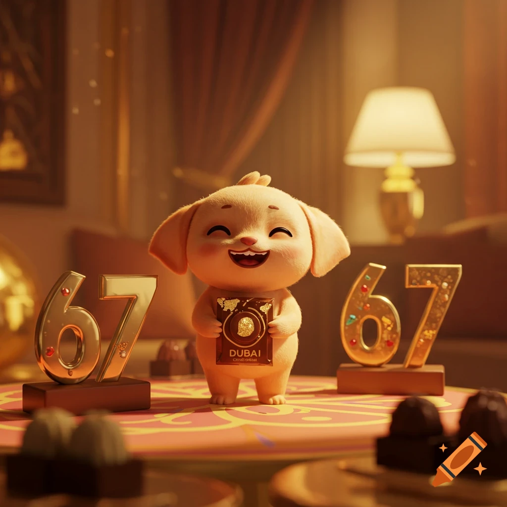 A smiling, cute cartoon dog-like character holds a Dubai chocolate bar. Golden numbers "67" stand on either side, on a patterned table.