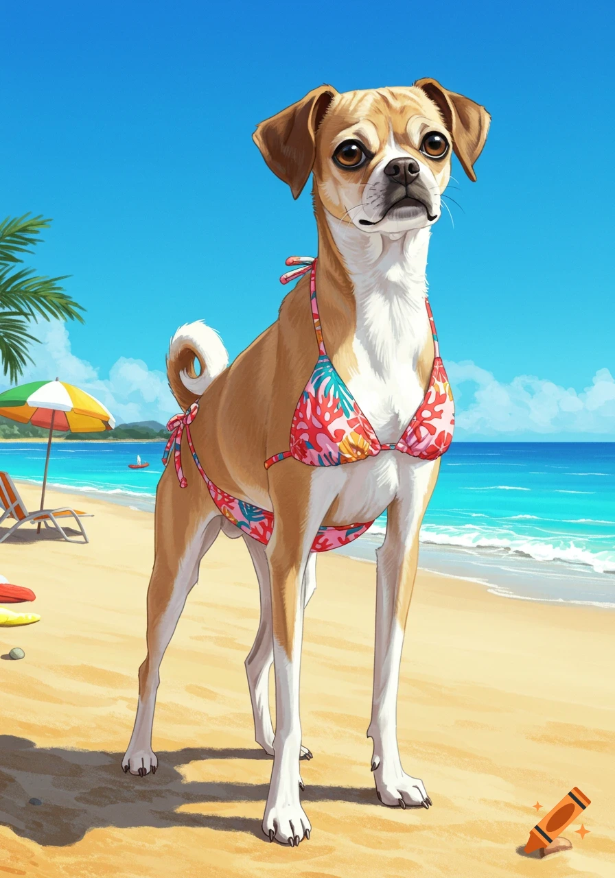 A cartoon puggle dog wearing a colorful bikini stands on a sandy beach under a clear blue sky.