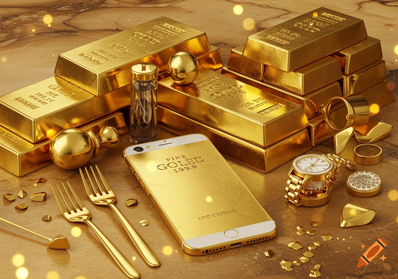 A detailed still life of gold bars, a gold iPhone, gold forks, and a gold watch on a marble surface with bokeh lights.