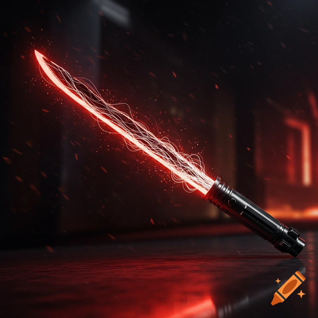 A futuristic weapon with a black hilt and a glowing red, wavy blade resembling fire, lying on a dark, reflective surface in a dimly lit environment.