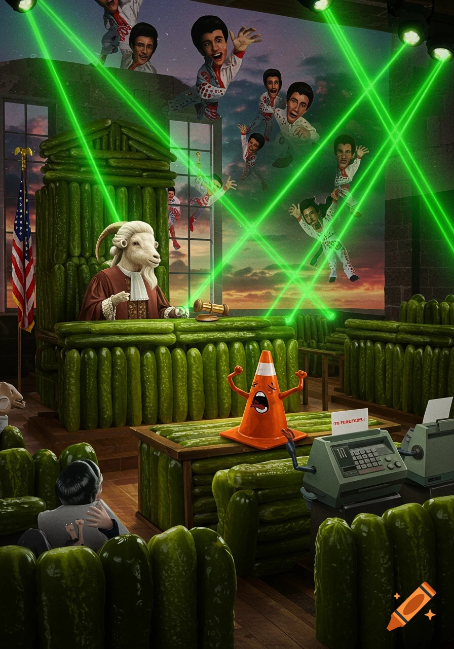 A surreal courtroom with a goat judge and pickle walls, a screaming traffic cone on trial, and green lasers illuminating flying Elvis impersonators.