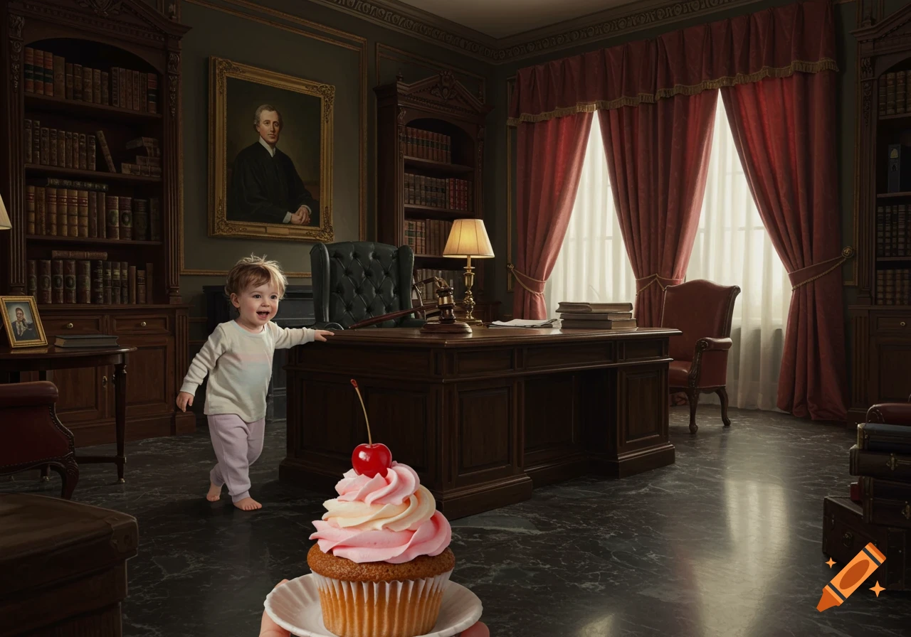 A smiling toddler in a formal office looks at a cupcake held in the foreground.