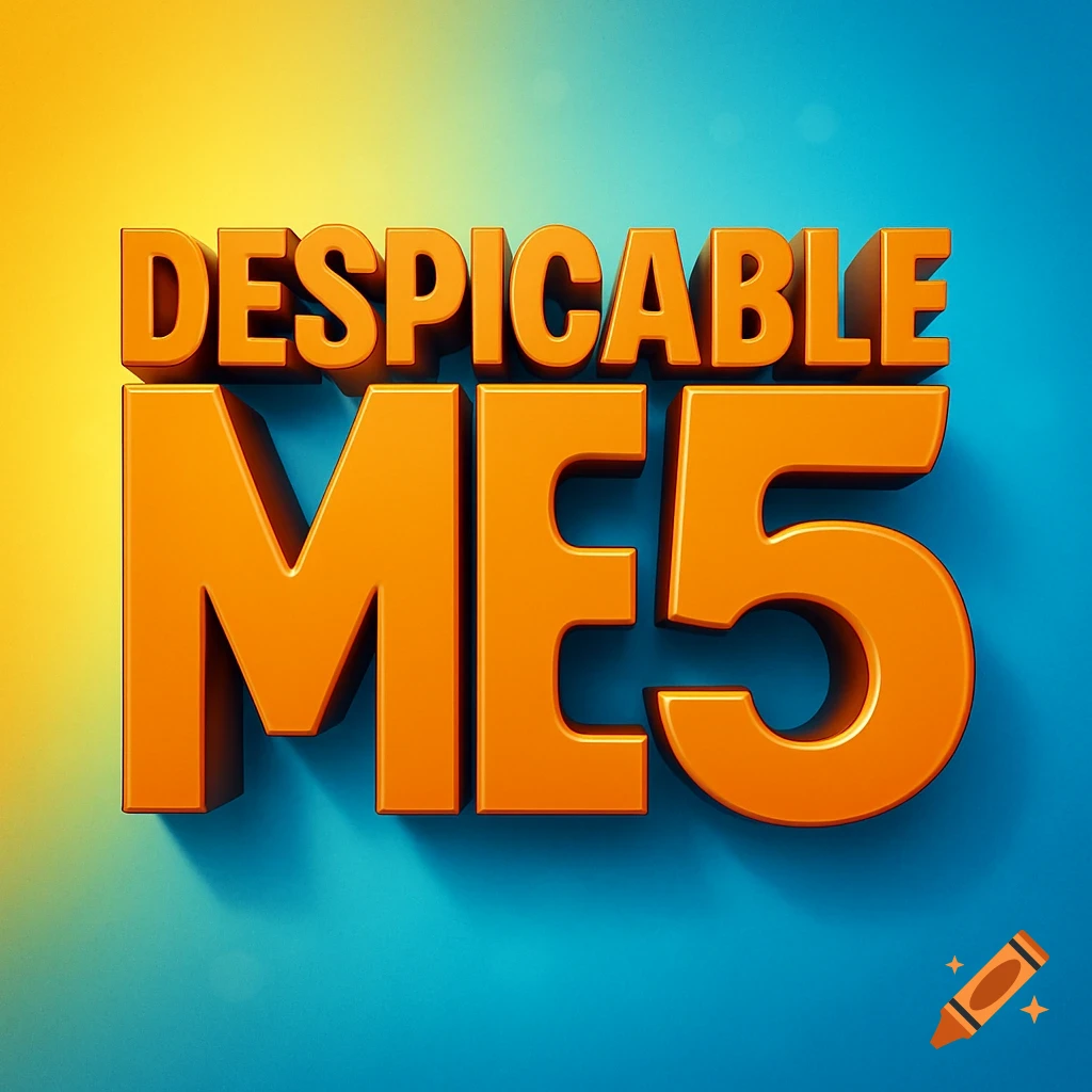A 3D orange text logo for "Despicable Me 5" on a blue and yellow gradient background.
