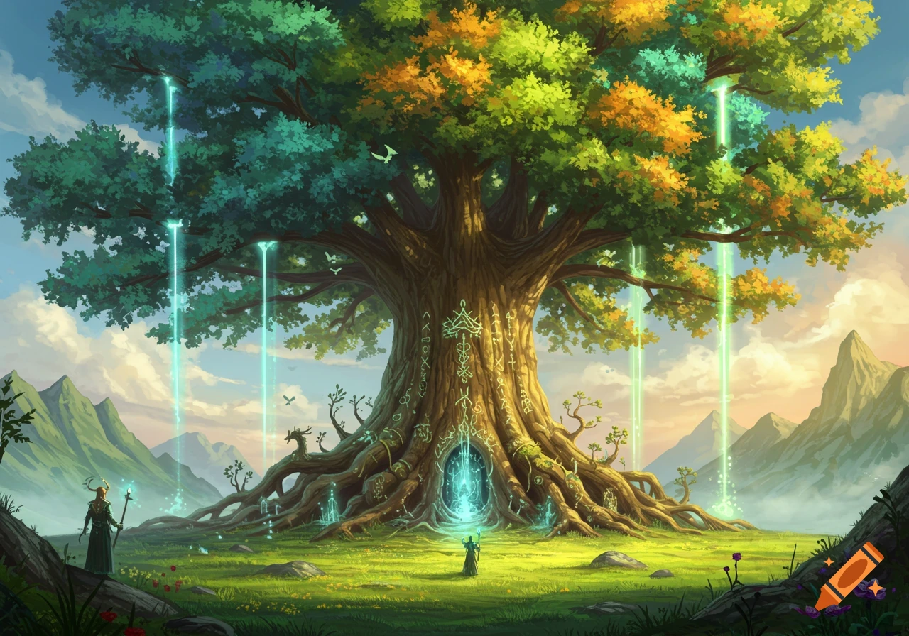 A vibrant fantasy landscape featuring a massive, ancient tree with glowing runes and magical light beams, attended by two robed figures.