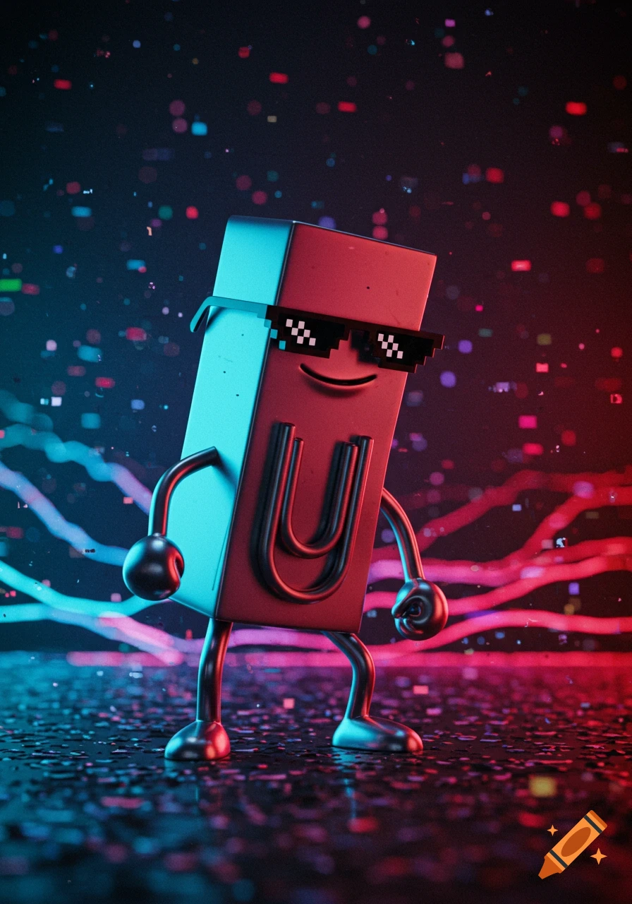 A 3D rendered paperclip character wearing pixelated sunglasses, with glowing red and blue lines in a dark, glitchy background.