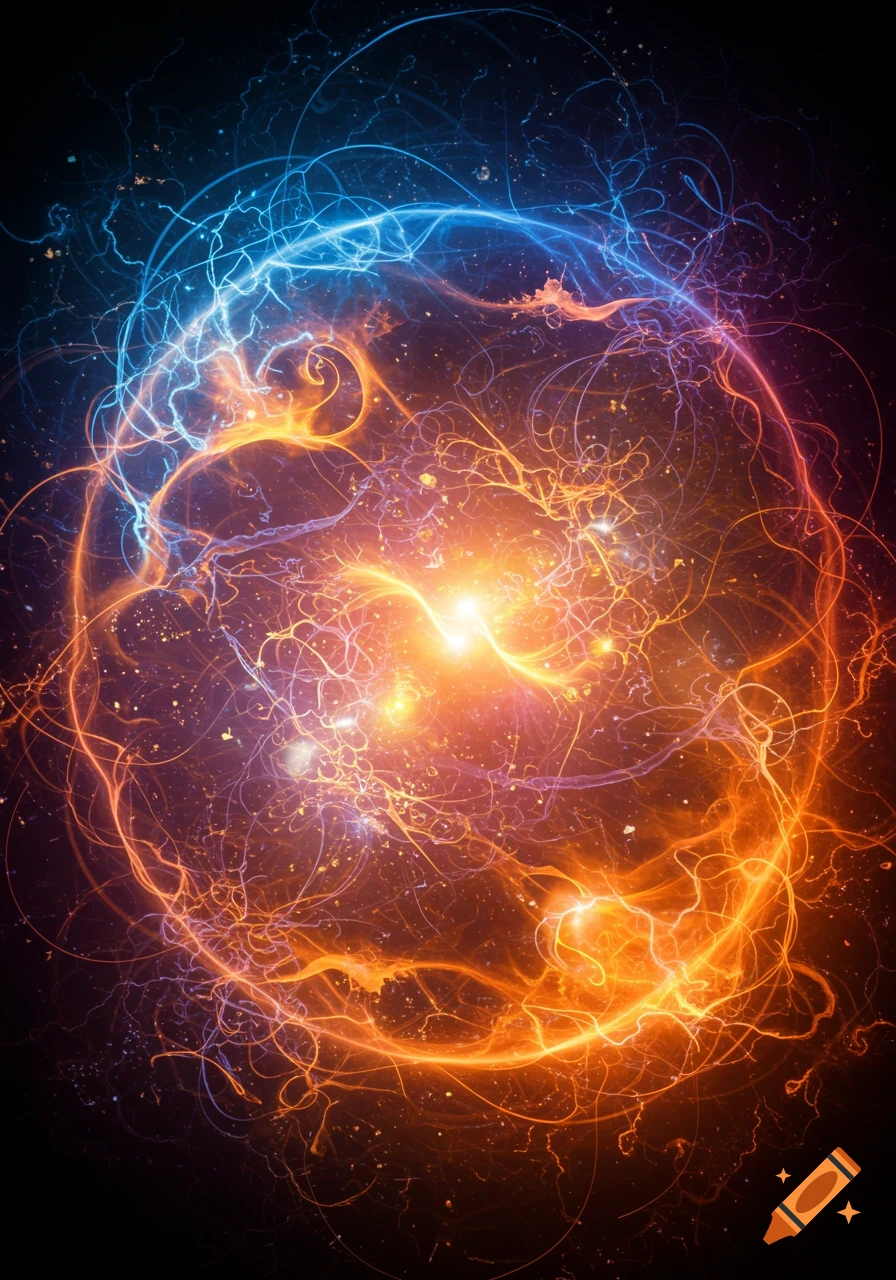 Abstract image of swirling blue and orange energy forming a sphere with a bright central light on a dark background.