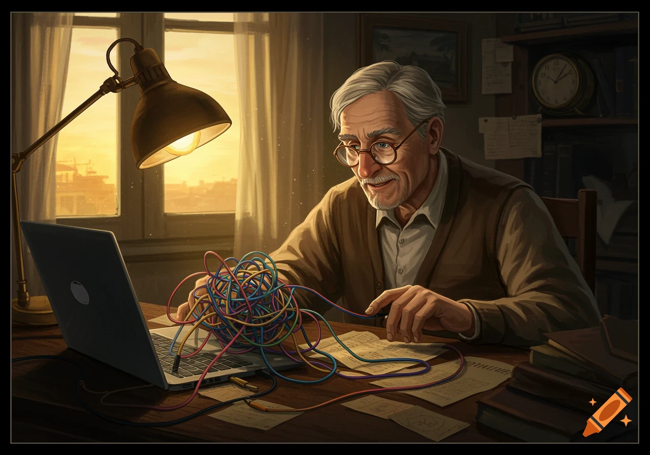 An older man with glasses looking at a laptop covered in a colorful tangle of cables, under a desk lamp, in an illustrative style.
