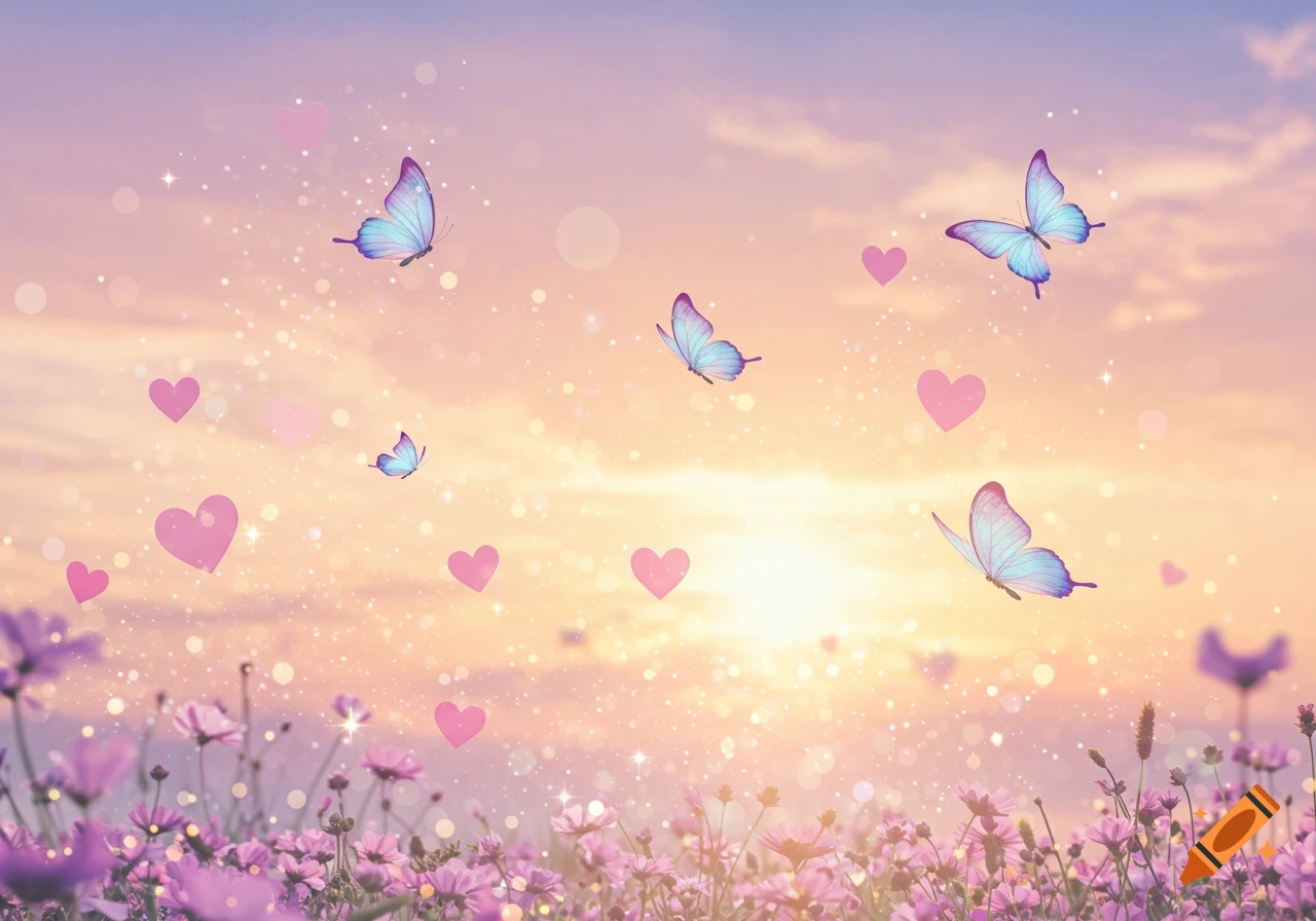 Blue butterflies and pink hearts float over a field of purple flowers under a pastel sky with sparkling light.