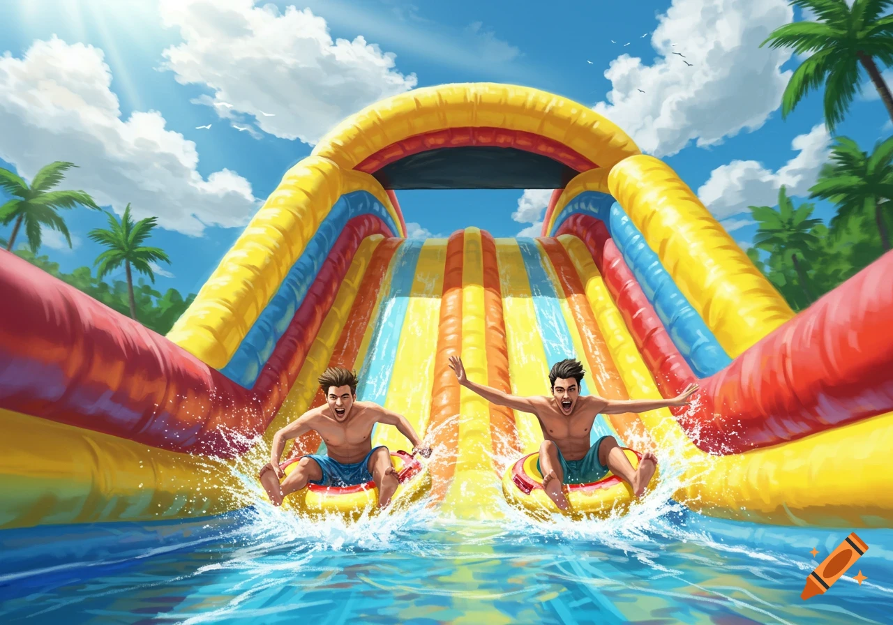 Two men joyfully slide down a colorful inflatable water slide, splashing into a pool on a sunny day.