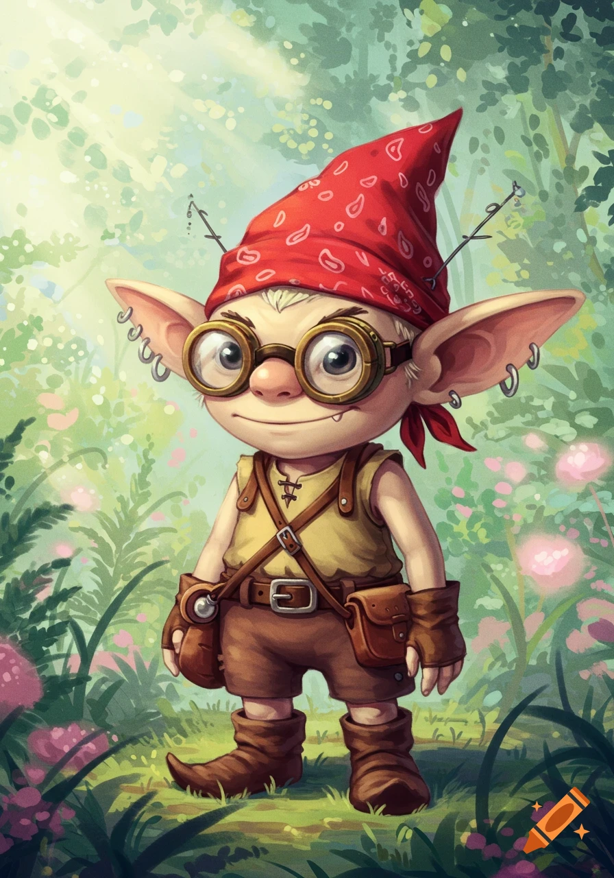A cute, cartoonish gnome character with a red bandana and goggles stands in a vibrant, sunlit forest in Studio Ghibli style.