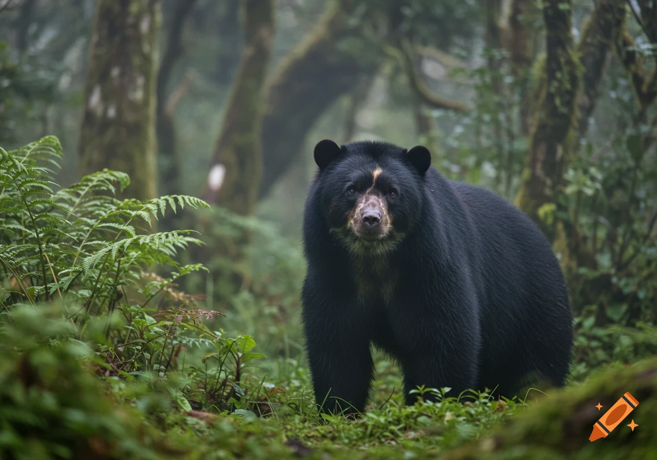 A photorealistic image of a spectacled bear standing in a misty, mossy forest.