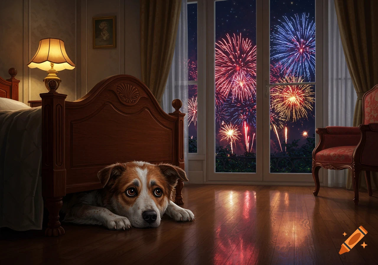 A scared dog hides under a wooden bed as colorful fireworks illuminate the night sky outside a large window.