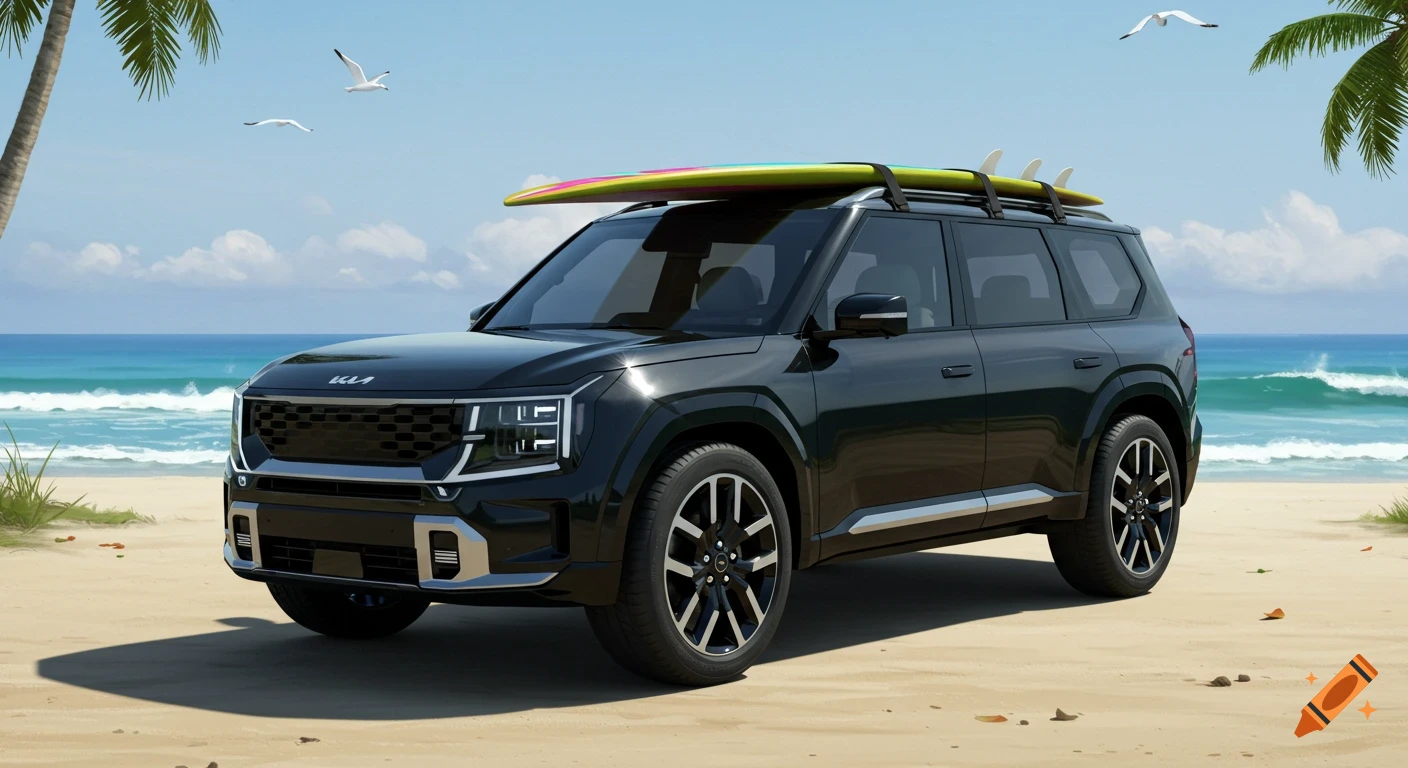 A black Kia EV9 SUV with surfboards on its roof parked on a sandy beach next to the ocean under a clear sky.