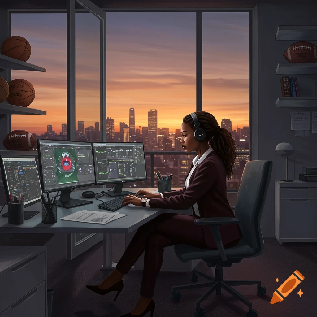 A photorealistic image of a young Black woman working in a modern office with multiple computer screens and a city skyline view at sunset.