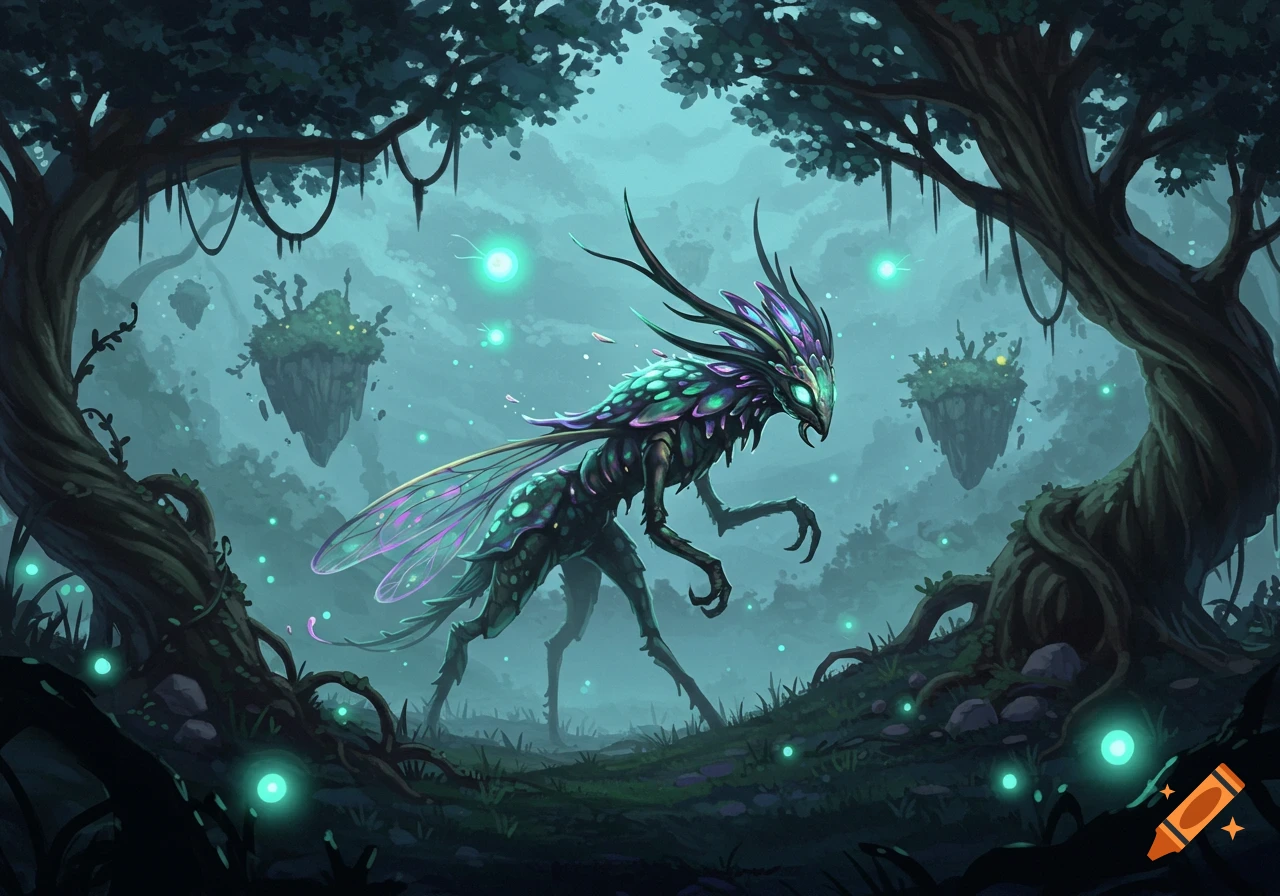 A fantastical insectoid creature with glowing eyes and wings stands in a misty, magical forest with floating islands and luminous orbs.