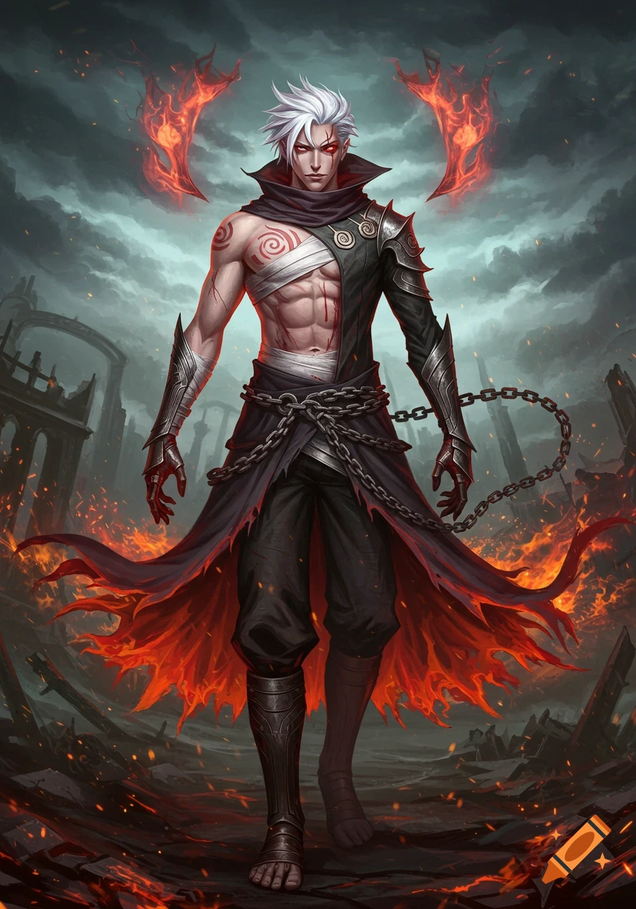 An anime-style male character, Haise Usurei, with white spiky hair, one glowing crimson eye, and a muscular, bandaged torso, stands in a ruined, fiery landscape.