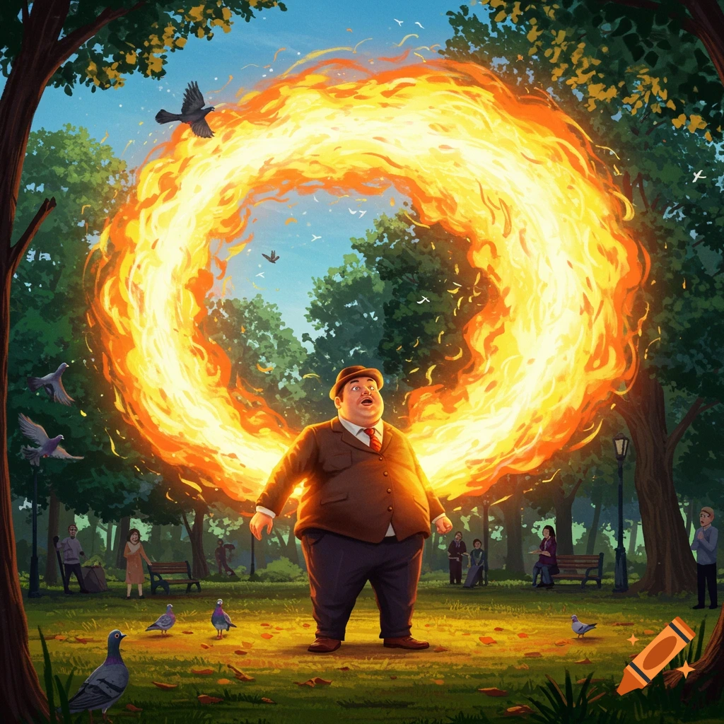 A portly man in a park looks up in awe as a large ring of fire erupts behind him, with pigeons flying around.