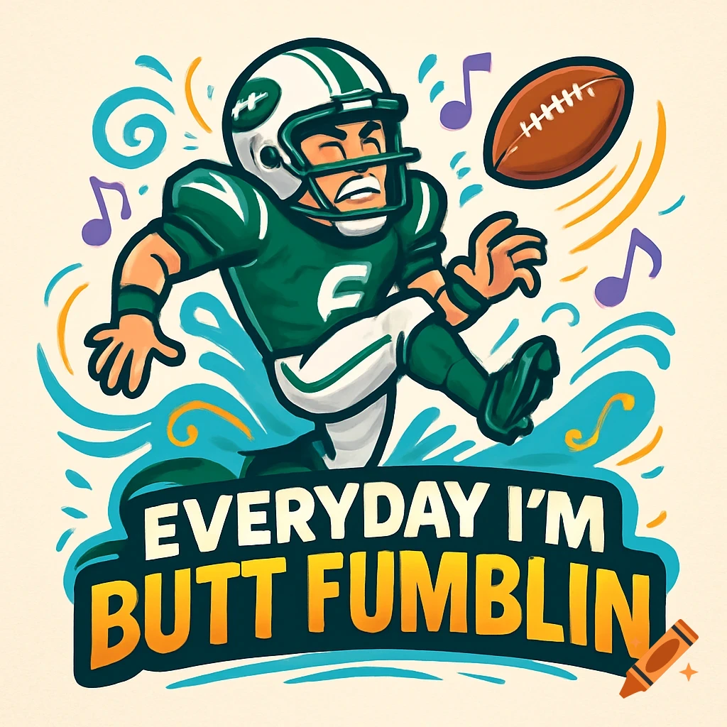 Cartoon illustration of a football player in a green jersey kicking a football, with musical notes and the text 'EVERYDAY I'M BUTT FUMBLIN' below.